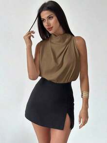 Blusa asimétrica plisada de color albaricoque, elegante y de moda para uso diario, oficina, vacaciones y festivales de música, primavera/verano - Café integral - Ver 5