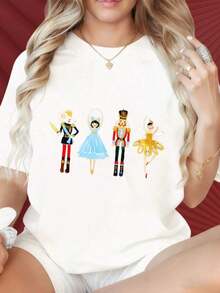 New Women's Short-Sleeved Crew Neck T-Shirt With A Fun Print Of Characters From The Ballet The Nutcracker. This Casual Yet Stylish Top Is Perfect For Holiday Parties, Sports Activities, Festive Gatherings, Outings, And Other Occasions. It Also Makes A Great Holiday Gift. 180 Grams. Unisex Vintage Street Style T-Shirt With A Relaxed Fit, Made Of Pure Cotton, Short Sleeves, And A Crew Neck. - 白色 - 查看 7