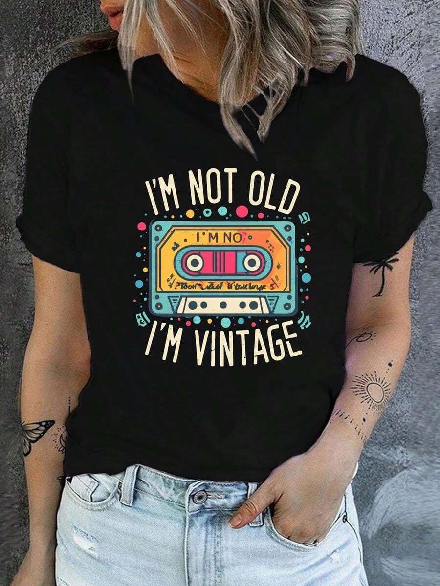 1 Piece, Classic And Versatile Pure Cotton Short-Sleeved T-Shirt, Ideal For Wearing In Any Season, With Retro Box-Shaped Print For Women, Modern Style - 黑色 - 查看 1