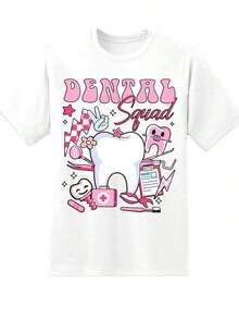 GiftGiftDental Squad Adorable Teeth Design T-Shirt For Dentists And Dental Hygienists, Fun Gift For Dental Professionals And Students, Cartoon Teeth And Tools Print In Pink, Unisex T-Shirt, Soft - White - View 3
