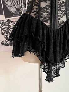 Vestido mini asimétrico de mujer con corsé de encaje y estilo vintage, adecuado para Y2K - Negro - Ver 5