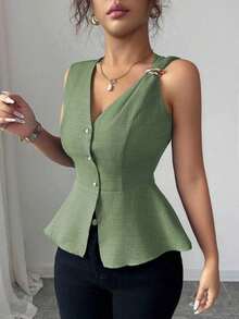 Nueva llegada Blusa de verano minimalista y elegante para mujer con diseño de hebilla de metal, cuello en V sin mangas y cintura ceñida a rayas de algodón cómodo - Verde - Ver 2