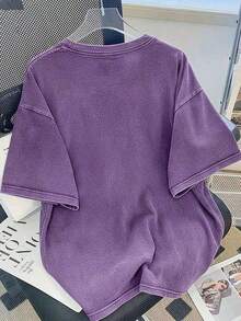 Vintage Washed Cotton Loose-Fit T-Shirt, Cute Face And Heart Print, Women's Casual Tree Style Short-Sleeve Top, Wrinkle-Resistant Washed Cotton T-Shirt Vintage Style--Everyday Outfit T-Shirt Women's Basic Tee - Màu tím - Xem 2