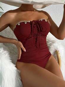 Traje de Baño Swim Vcay de 1 Pieza, Elegante, Color Marrón, con Decoración de Estrellas de Mar y Conchas, Sin Tirantes, para Mujer, Vacaciones de Verano - Burdeos - Ver 12