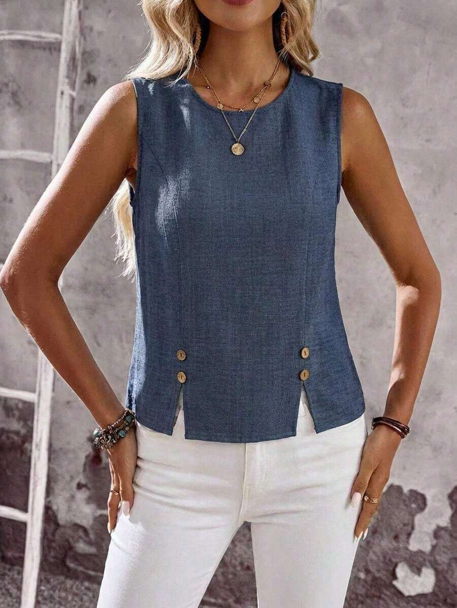 Blusa Casual de Mujer, Color Liso, con Botones Decorativos, Bajo Dividido, Holgada y sin Mangas, para Verano - Azul - Ver 1