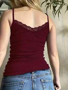Parte superior de tirantes para mujer con aplique de encaje - Burdeos - Ver 2