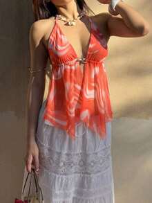 Camiseta de tirantes sexy con efecto cross y espalda descubierta, cuello Halter con teñido anudado para mujer - Rojo y blanco - Ver 6