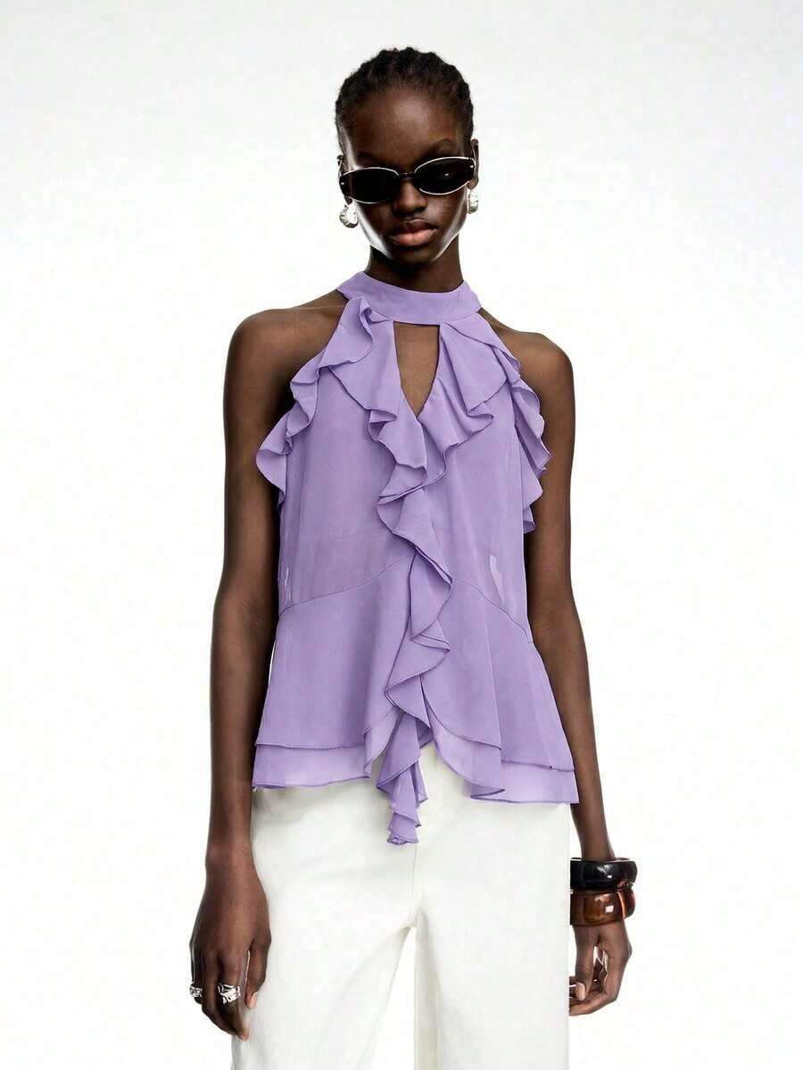 Elegant Solid Color Halter Top With Ruffles For Women - Purple - View 1