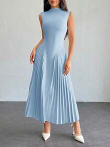 Vestido ajustado de línea A con pliegues elegante para mujer - Celeste - Ver 6