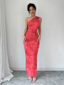 Vestido de noche de lujo para mujer, vestido sexy sin mangas con cuello asimétrico y estampado de teñido anudado - Rosa - Ver 3