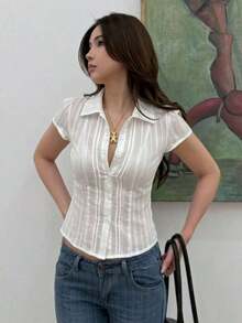 Blusa blanca de manga corta ajustada con cuello para mujer, de unicolor, para el verano - Blanco 2 - Ver 7