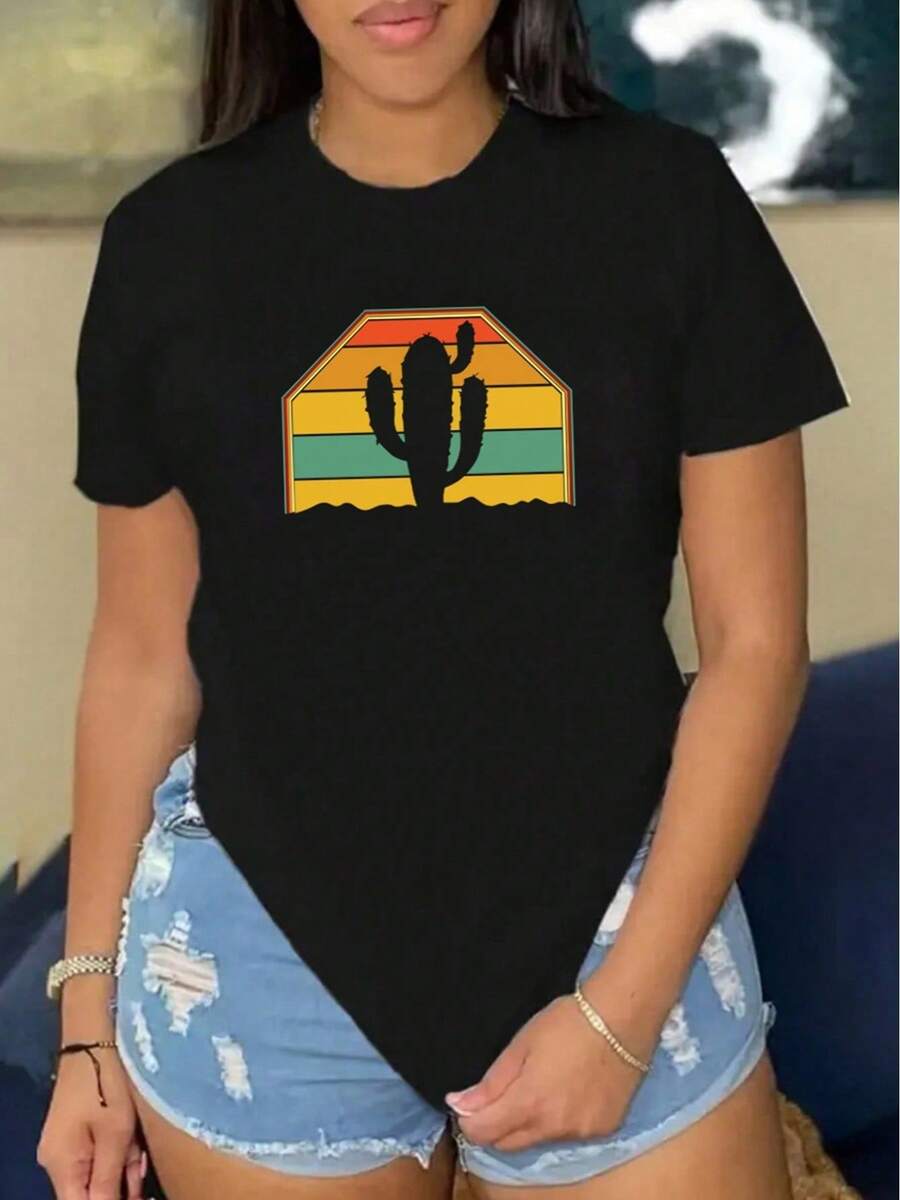 Camiseta de manga corta casual de cuello redondo suelto con estampado de cactus trapezoidal para mujeres Primavera Verano - Negro - Ver 1
