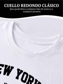 Camiseta con Estampado de Letras de Nueva York, Manga Corta para Mujer, Cuello Redondo, Ropa Casual de Primavera y Verano, Blusa Moderna de Moda - Blanco - Ver 5