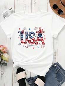 1 Piece Of Women's Round Neck T-Shirt With Patriotic US Flag Design, With Stars And Stripes, Decorative Bow, Short Sleeve, For Independence Day Celebration, 180g, 100% Cotton. - 白色 - 查看 3
