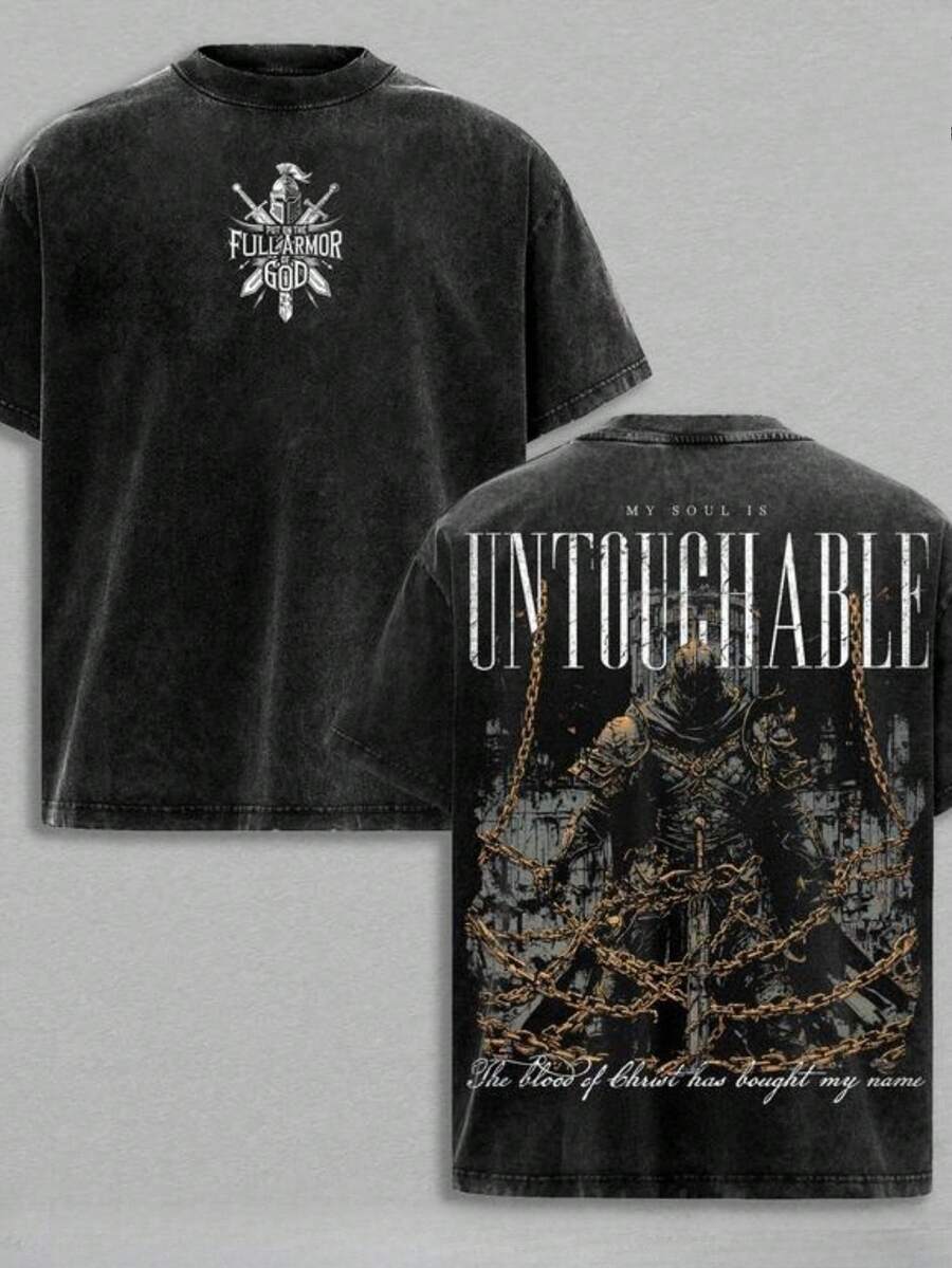 Men's Christian Warrior T-Shirt With Full Armor Of God - Vintage Washed Cotton Beltway Ephesians 6:10-18 - Spiritual Clothing For Church And Casual Religious Wear - Jesus Religious Clothing For Men KEE7 - 黑色 - 查看 1