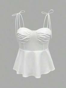 1 pieza Blusa casual sin mangas con volantes en el bajo, Elegante top tubo minimalista francés de color blanco puro, Camiseta sin mangas ajustada para vacaciones y viajes, Ligera camiseta con lazo delantero, Ropa exterior sexy tipo babydoll que acentúa las curvas, Primavera/Verano/Otoño - Blanco - Ver 4