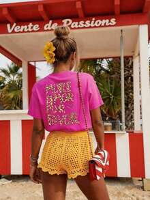 DrmWander Women's T-Shirt, Short Sleeve Graphic Tee, Casual Street Style, Cute Summer Top - 紫紅色 2 - 查看 6