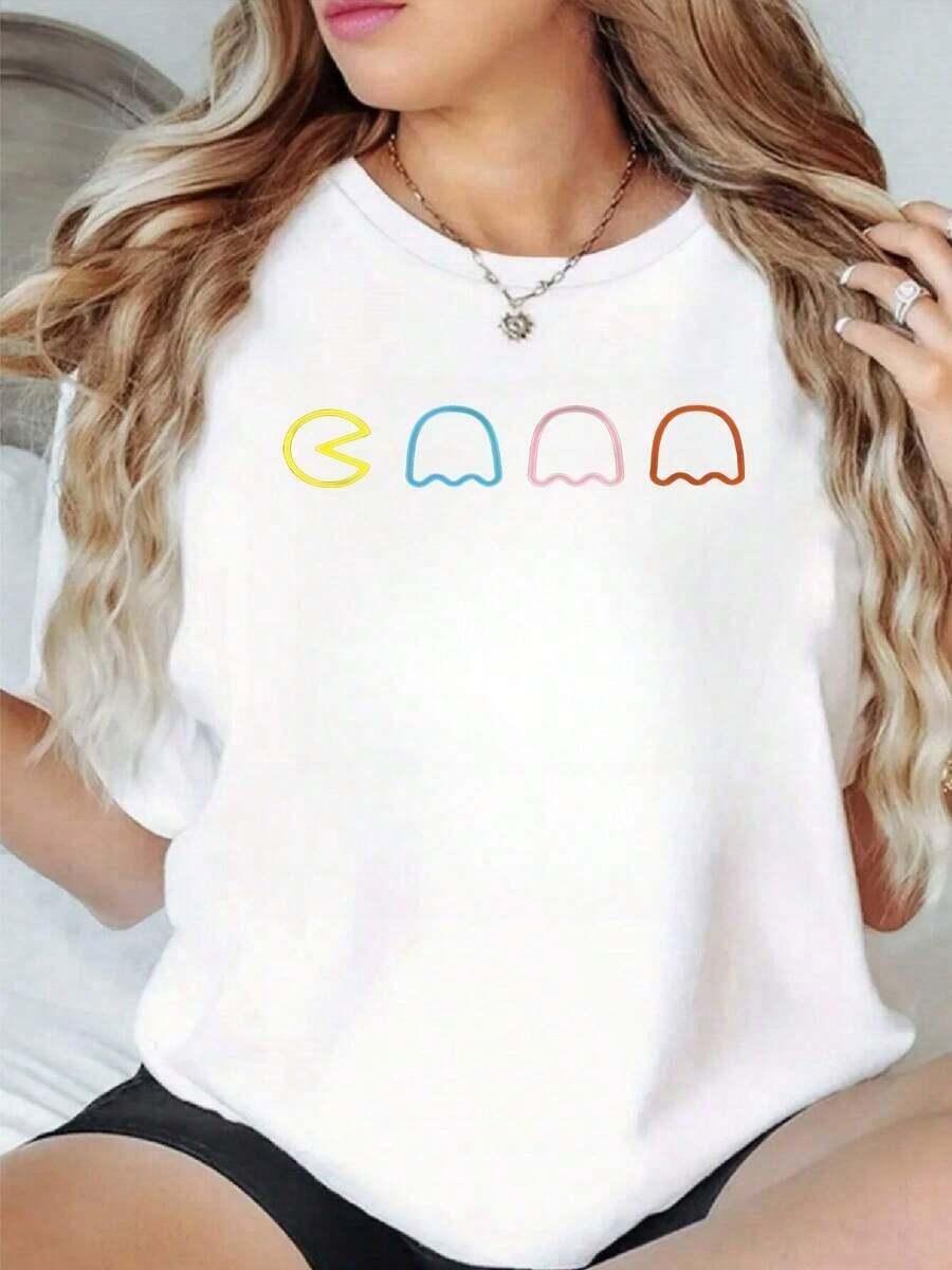 1 Piece Of Women's T-Shirt With PacMan Ghost Graphic Print, 220g, Summer Casual Style, 100% Cotton, Round Neck, Retro Gamer Style. - 白色 - 查看 1