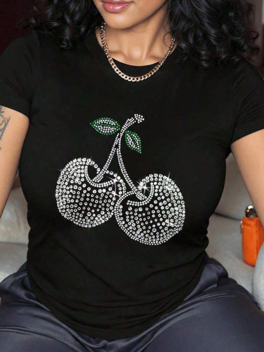 Cherry, Strawberry, Lemon 1 Glitter Casual Sweet Party Elegant None Beach Holiday Sporty Office Home Comfortable Cherry Print Crew Neck T-Shirt, With Party And Holiday Atmosphere, Black Blouses For Women, For Spring/Summer - 黑色 - Black07 - 查看 1