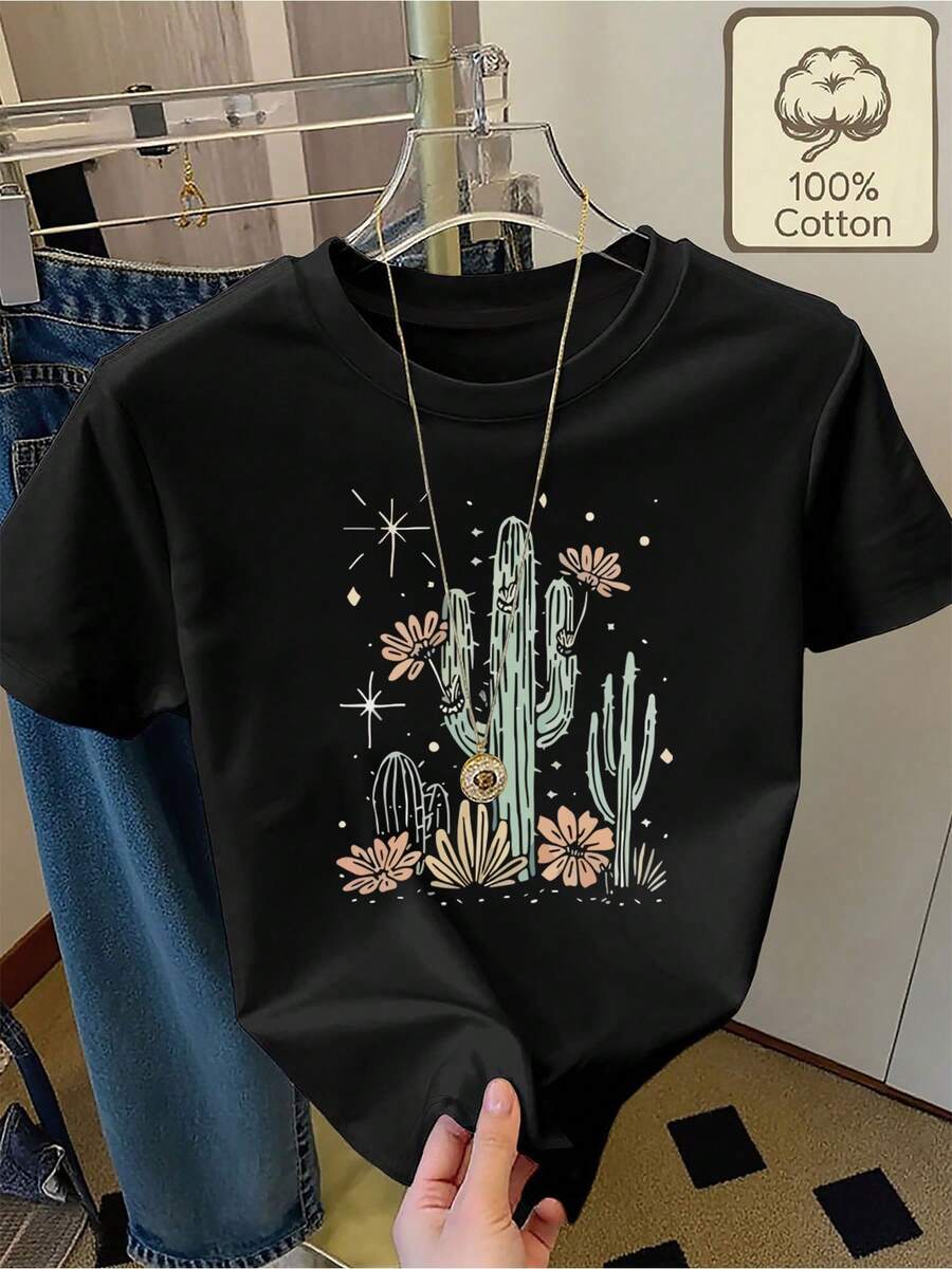 Camiseta 100% con estampado de cactus y flores, cuello redondo, manga corta, ropa de verano casual, cómoda y transpirable para mujer - Negro - Ver 1
