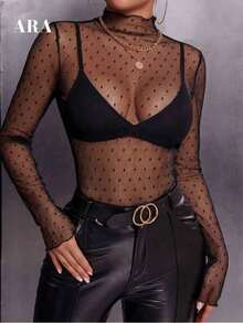Blusa negra sexy de manga larga con encaje elástico para mujer , con cuello alto, patrón floral transparente, elegante y con capas, ideal para primavera-verano, resort y citas - Negro 2 - Ver 2