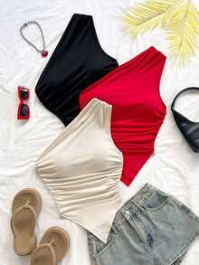 3 piezas Conjunto informal de verano de 2 piezas para mujer con parte superior de hombro asimétrico y bajo asimétrico, adecuado para volver al colegio, té de la tarde, casual, invitada a boda en la playa, brunch de graduación, Día de San Patricio, - Multicolor 2 - Ver 8