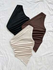 3 piezas Conjunto informal de verano de 2 piezas para mujer con parte superior de hombro asimétrico y bajo asimétrico, adecuado para volver al colegio, té de la tarde, casual, invitada a boda en la playa, brunch de graduación, Día de San Patricio, - Multicolor 10 - Ver 4