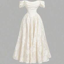 MOD Apricot Open Shoulder Mid-Length Dress, Ball Gown, Prom Dress White.Ivory Off-Shoulder Jacquard Maxi Dress, Vintage Princess Style, Wedding Guest Dress, Bridal Gown, Party, Evening, Banquet, Formal, Textured Fabric, Ball Gown, Ruched Bodice, A-Line Silhouette, Elegant, Romantic, Classic, Soft Satin, Floor Length, Puff Sleeves, Fairytale, Ceremony, Reception, Engagement, Anniversary, Dinner, Flowy Skirt, Couture, Luxury, Occasion, Special Event, Prom, Timeless, Modern, Chic, Fashionable - Rosa Pálido - Ver 6