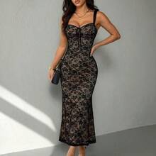 PETITE Black Lace Contrast Lining Summer Sexy Camisole Dress - Negro - Ver 8