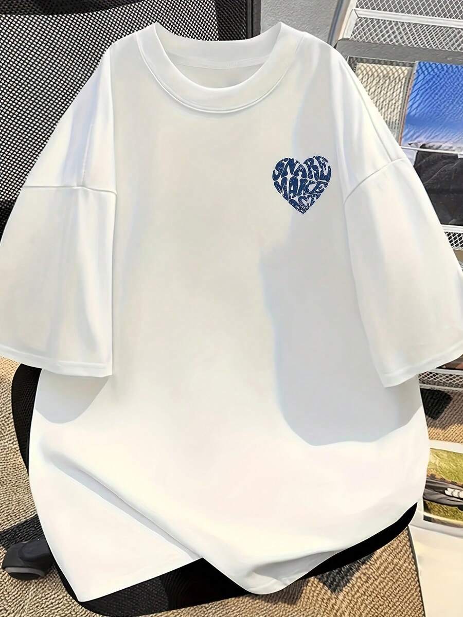 Crew Neck Top. Short-Sleeved T-Shirt With Letter Print, Casual Style - Polyester Fabric, Perfect Choice For Summer. Comfortable And Stylish For Women - Soft And Breathable, Suitable For Everyday Casual Wear. Comfortable And Loose Fit. - 白色 - 查看 1
