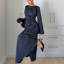 Women's Striped Minimalist Long Sleeve Dress, Casual Everyday Wear Winter Blue,Dresses For Women Elegant Spring - Azul Marino - Ver 4