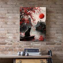 Enmarcado [2D Plano] Póster de gato oriental,  de flores rojas, pieza de arte de decoración de pared vintage, obra de  moderna, adecuado para regalos, decoración del hogar y dormitorio, aplicable para dormitorios y salas de estar, uno , diseño plano 2D. - Enmarcado - Ver 5