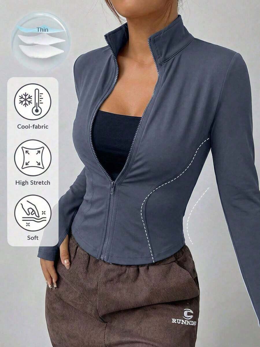 Chaqueta de manga larga de punto ajustada con protección solar para mujer en otoño/invierno, color albaricoque - Gris - Ver 1