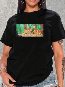 Escena colorida de la selva con un niño aventurero que camina junto a un simpático elefante simbolizando amistad y conexión con la naturaleza inspirando libertad y alegría camiseta de mujer cómoda casual  suave transpirable ideal para uso diario - Negro - Ver 6