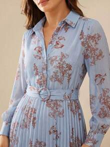 Aveloria Frievida Vestido con botón delantero con cinturón con estampado de flor - Celeste - Ver 5