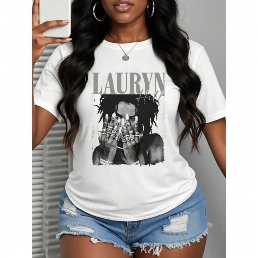 Camiseta de mujer/Lauren Hill/Estampado de letras/Camiseta vintage/Top casual holgado de cuello redondo para mujer/Camiseta de primavera y verano/Camisetas de hombre negras/Ropa de mujer BDRL - Blanco - Ver 1