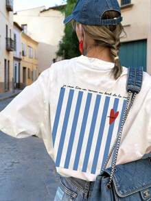 Camiseta de manga corta y cuello redondo con estampado de rayas azules, una blusa blanca versátil y elegante para mujer. - Blanco - Ver 1