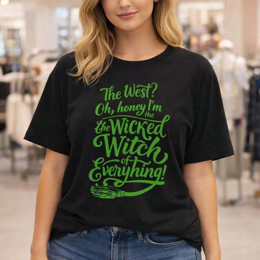 Women's Plus Size Halloween Witch Print Cotton T-Shirt, Casual Loose Fit Short Sleeve, "The West?" Oh, Darling, I'm The Wicked Witch Of Them All! Printed Top, Sizes M-5XL, Soft And Comfortable For Everyday Wear, Green, Suitable For Spring, Summer And Autumn - 黑色 - 查看 1
