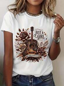 Women's Graphic T-Shirt For Country Music Lovers - Floral Guitar Print For Country Music Lovers, Soft And Stretchy Round Neck Short Sleeve T-Shirt For Casual Summer And Spring Wear, Guitar T-Shirt Suitable For Spring, Summer And Autumn. - 白色 - 查看 6