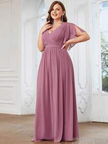 EVERPRETTY Váy dạ hội phù dâu màu hồng cổ chữ V tay bèo thanh lịch cho người size lớn, phù hợp cho khách mời đám cưới, mẹ cô dâu, đi nghỉ dưỡng, dự tiệc mùa hè - Bụi hồng - Xem 5