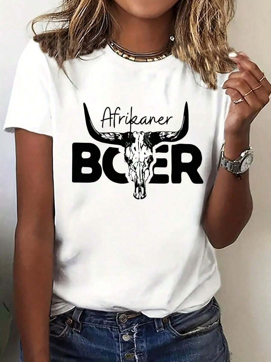 Camiseta Casual Estilo Arte Moderno, Camiseta de Manga Corta para Mujer a la Moda - Diseño de Cabeza de Yak, Transpirable y Cómoda, Cuello Redondo Casual, Tela Ligera, Adecuada para Viajes Diarios y Reuniones, Mostrando Tu Encanto. 100% Algodón, Duradera. - Blanco - Ver 1