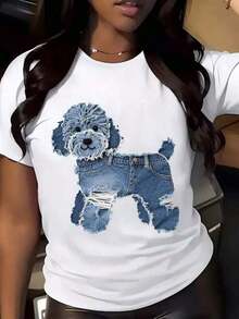 Camiseta Casual con Estampado de Caniche en Jeans para Mujer - Camiseta Cómoda y Casual con Adorable Estampado de Perro - Perfecta para Uso Diario 100% Algodón Resistente - Blanco - Ver 7