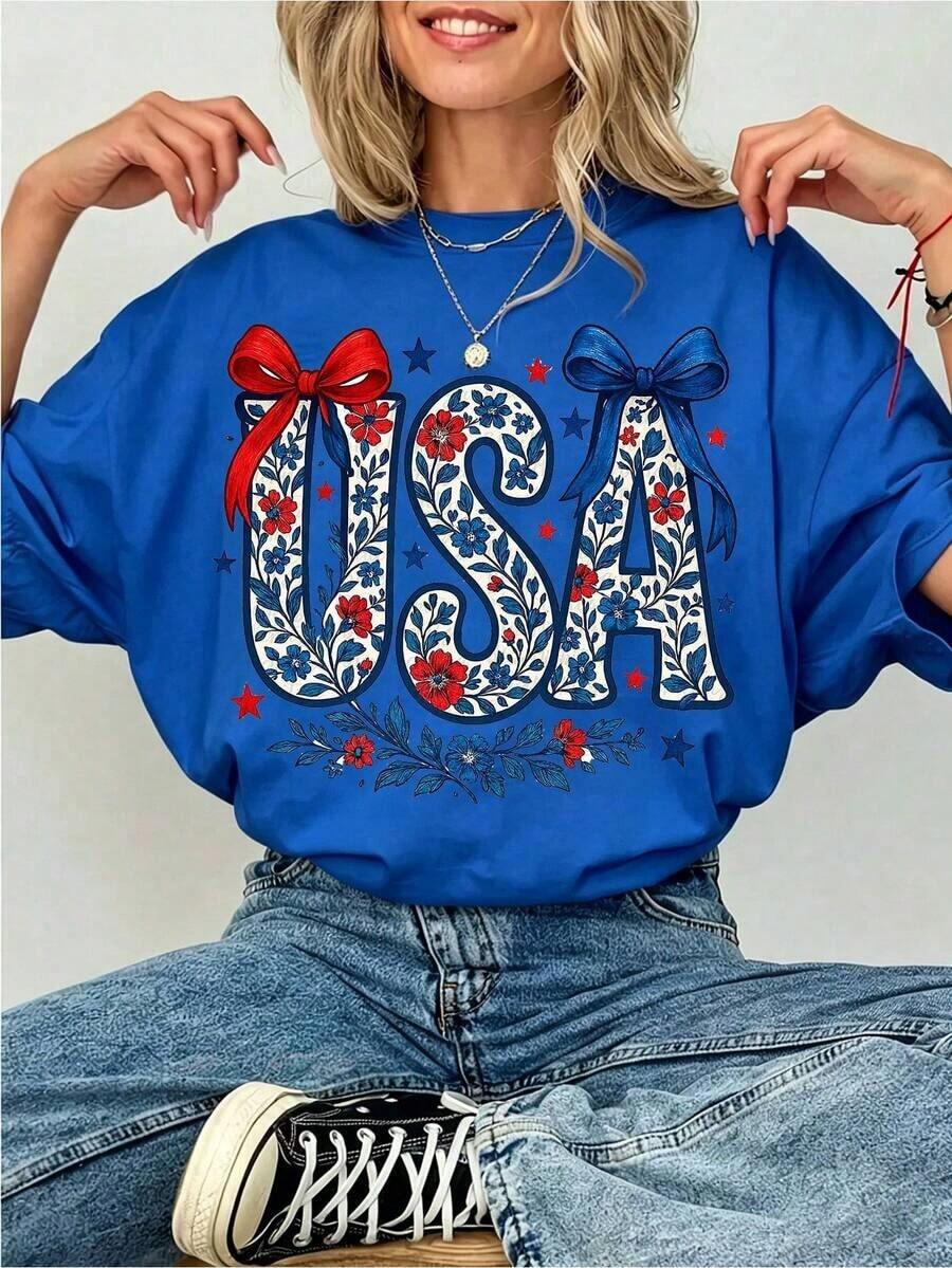 Camiseta Casual USA con Estampado Floral y Lazo para Mujer, 100% Algodón, Estilo Patriótico Coqueta, Ropa de Verano Suave y Transpirable, Estilo Y2K para el 4 de Julio, Ropa Casual Urbana, Regalo Único para Ella, 100% Algodón, Duradera - Azul - Ver 1
