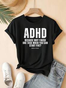 Nueva Llegada Verano 2026, Camiseta con Patrón de Letras Creativas Temática ADHD, Hermosa, Elegante, Moderna, Casual, Estilo Coreano para Primavera y Verano.una camiseta estampada muy distintiva / estilo unisex / adecuada tanto para hombres como para mujeres / resistente a las arrugas / transpirable - Negro - Ver 1