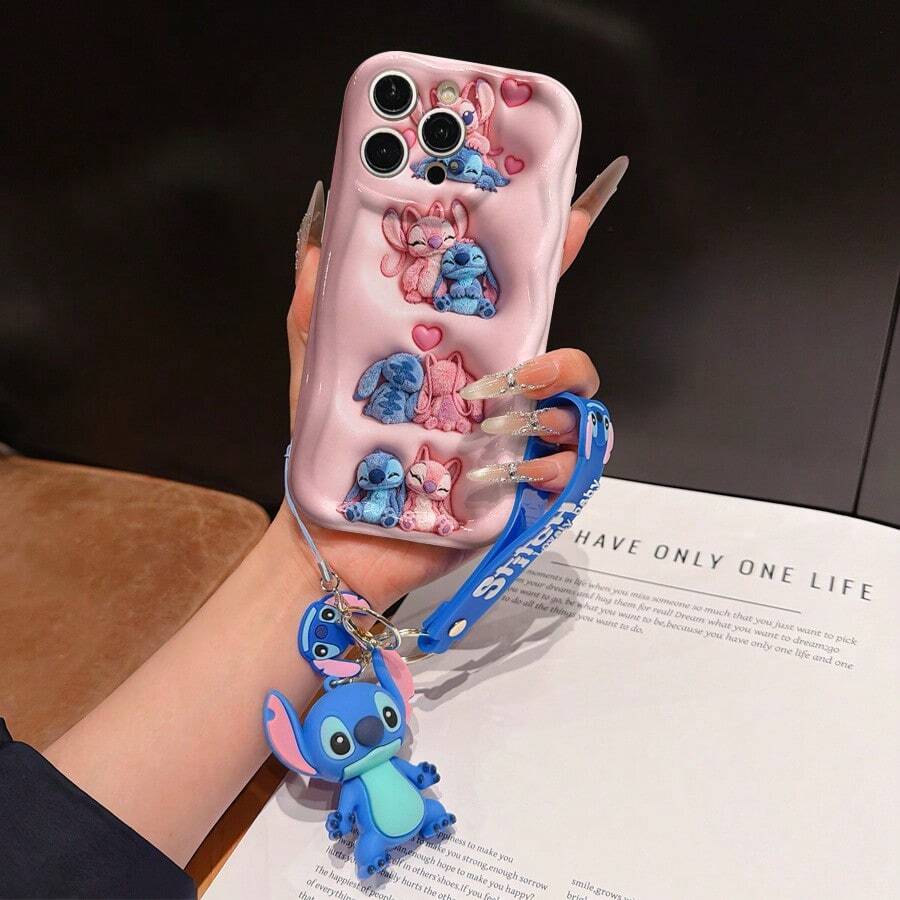 Disney Lilo And Stitch Phone Case : 3D Fluffy Pattern Border Protector Phone Soft Phone Case With A Free Cute Stitch Bracelet Chain Lanyard, Stitch, Lilo, Angel, For Apple 17 Promax 17 Pro 16 15 14 13 12 11 Pro Max XS Max X XR Soft Cover Summer Phone Case - 白色 - 查看 1
