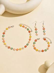Set Perhiasan Minimalis 4pcs/Set Motif Bunga Daisy Warna-warni, Kalung, Anting, dan Gelang, Cocok untuk Pemakaian Sehari-hari, Liburan Musim Panas, Pesta, Festival Musik. Panjang Rantai Buatan Tangan Dapat Disesuaikan, Susunan Warna Bunga Acak - MultiWarna - View 2