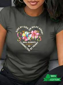 1 camiseta de mujer con cuello redondo, estampado de letras y anime, de diseño sencillo, cómoda y transpirable, adecuada para uso diario informal, que muestra un estilo veraniego refrescante, imprescindible para fiestas, envío local, estampado floral con la palabra "Sisters", 180g 100% algodón. - Negro - Ver 9