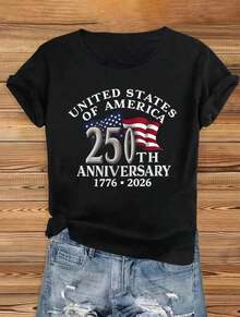 1 Pieza Moda Informal Para Hombres Y Independencia de las Mujeres Día UNIDO ESTADOS OF AMÉRICA 250º ANIVERSARIO 1776 2026 Hermoso A la moda, Elegante Fiesta Elástico Lindo Deportes Regalo Suave Máquina Lavable Inicio Informal Redondo Cuello Corto Manga Camiseta Cómodo Versátil, fácil de combinar, adecuado para el uso diario, estilo urbano, conjuntos de vacaciones, conjuntos de fin de semana. - Negro - Ver 1
