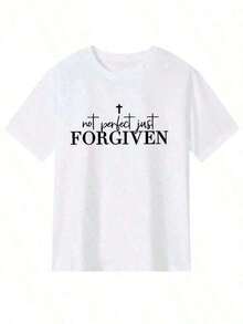 SimpleAndVersatile Design Features Religious Motifs And The Words "No Perfect Just FORGIVEN" And Is Decorated With A Cross - 100% Cotton T-Shirt, Suitable For The Gym, Church And Casual Wear - Loose And Breathable - Machine Washable - Christian Clothing, Gym Wear, Eye-Catching Design, Comfortable Fabric, Short Sleeves, Religious Fashion, Summer Wear For Women, Vacation Wear, Women's Clothing, Cotton T-Shirt. - 白色 - 查看 6