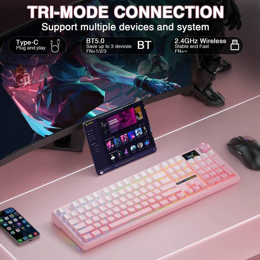 AULA F108 Wireless Bluetooth Mechanical Keyboard, Hot-Swappable Switches,  Smart Display, RGB Backlight, Full-Size Customizable, AULA Gaming Keyboard F108